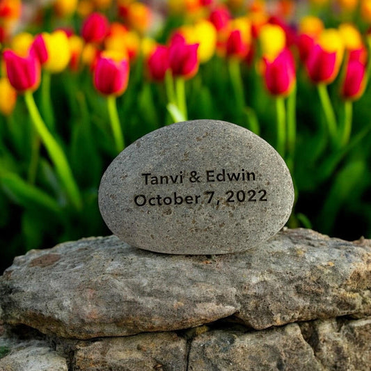 1 - 5" Custom Engraved River Stone: Personalized Wedding Date Gift, Garden Decor - Vanbrera Stones 1" Single Sided
