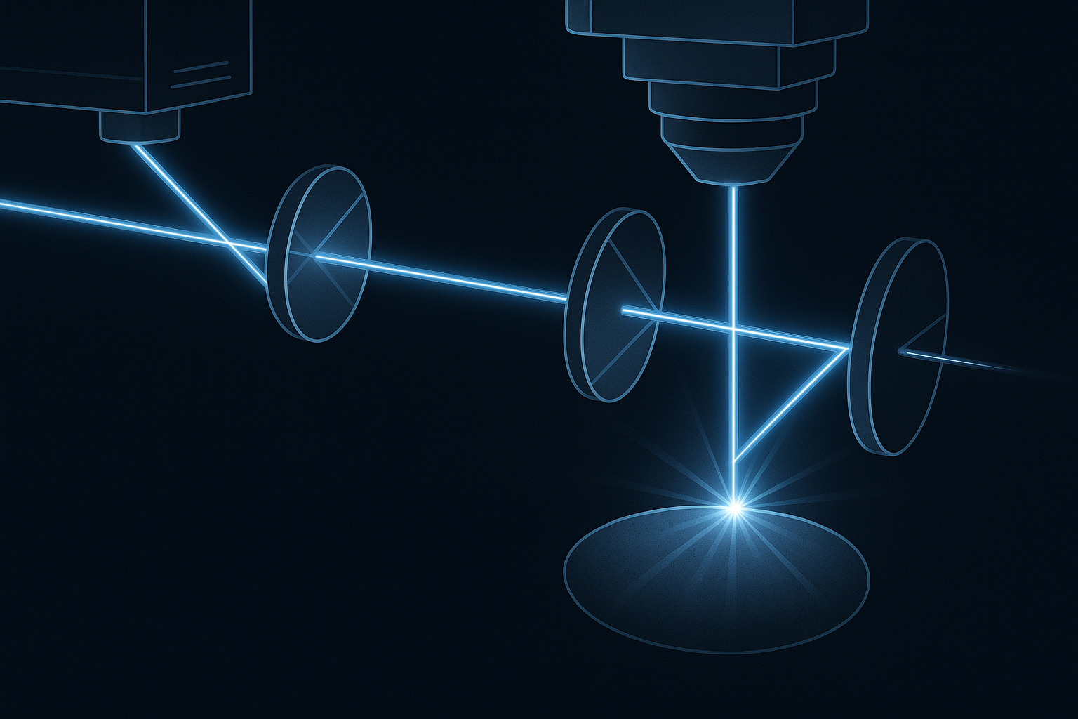 Optical setup with lenses and a beam of light on a dark background