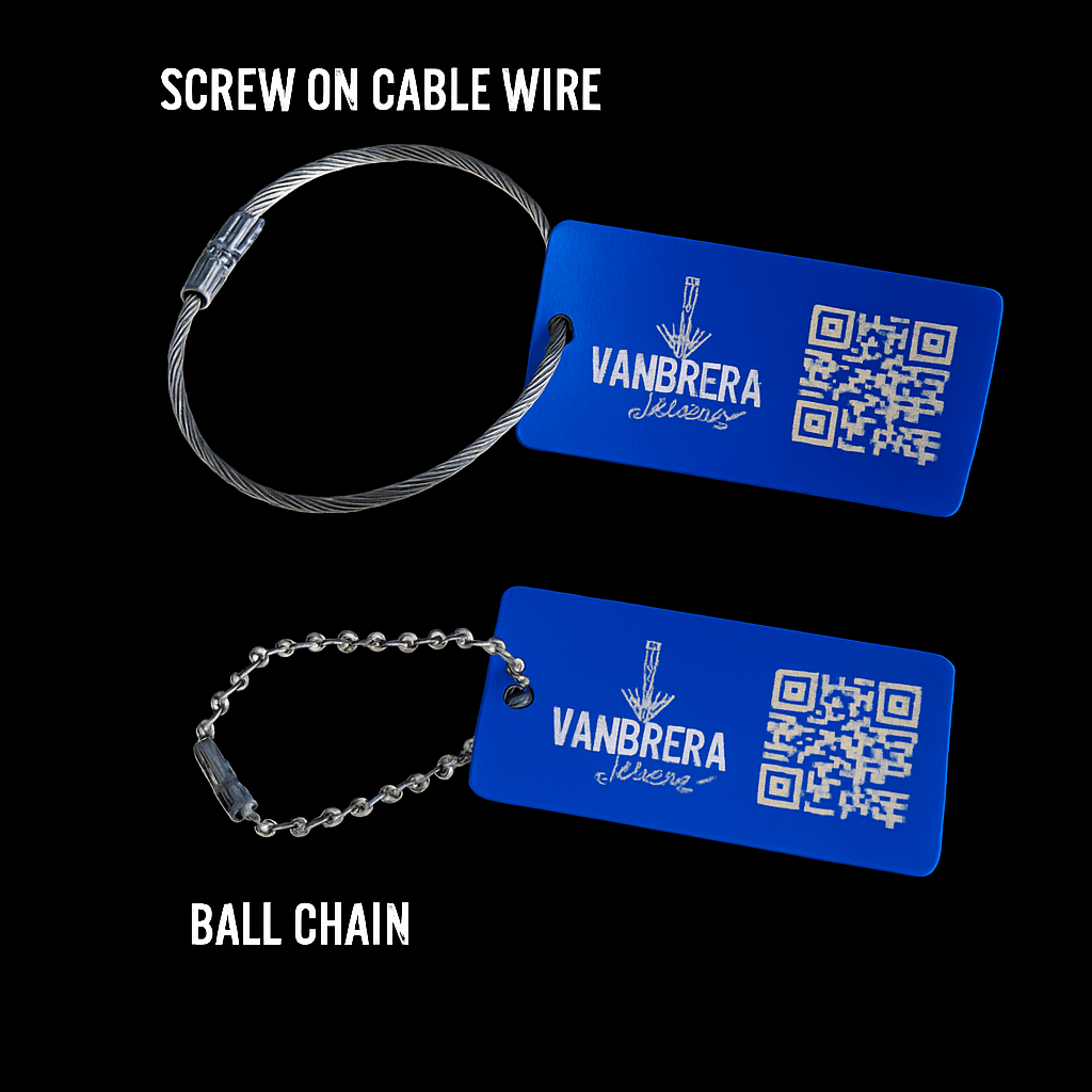 Blue 1x2" Custom Engraved QR Code Keychain: Anodized Aluminum Tag - Vanbrera Stones Single Sided Screw On Wire Cable