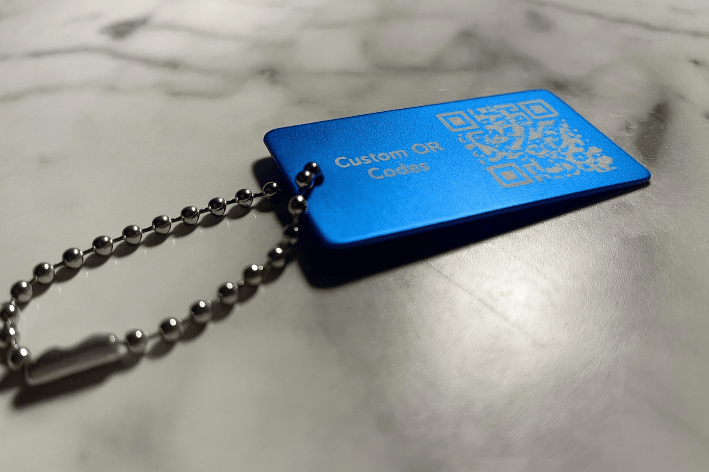 Blue 1x2" Custom Engraved QR Code Keychain: Anodized Aluminum Tag - Vanbrera Stones Single Sided Screw On Wire Cable