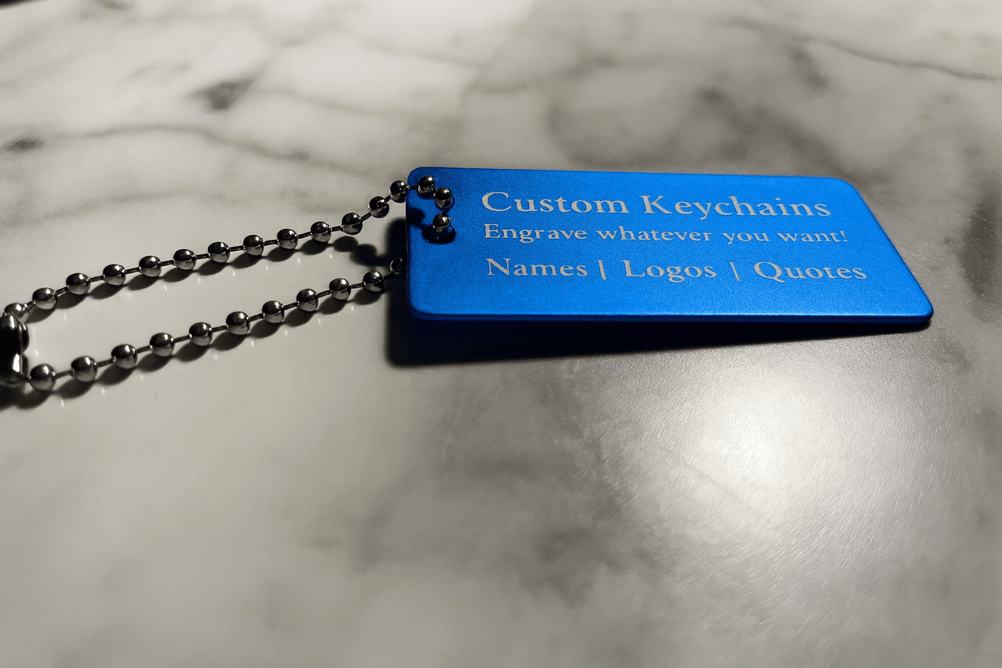 Blue 1x2" Custom Engraved QR Code Keychain: Anodized Aluminum Tag - Vanbrera Stones Single Sided Screw On Wire Cable