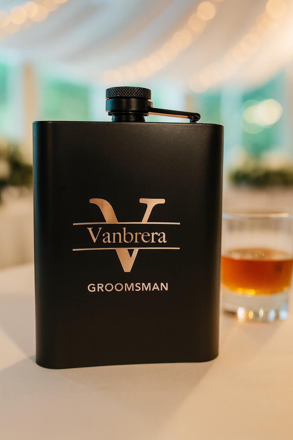 Custom Engraved Black Stainless Steel Flask Gift Set: 8oz Hip Flask - Vanbrera Stones Single Sided