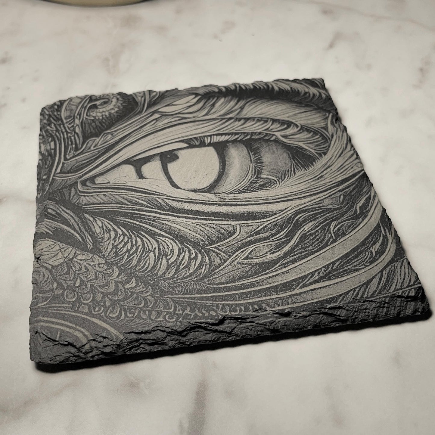 DRAGON EYE COASTER – Engraved 4x4 Slate with Non - Slip Feet – Gothic Fantasy Decor - Vanbrera Stones