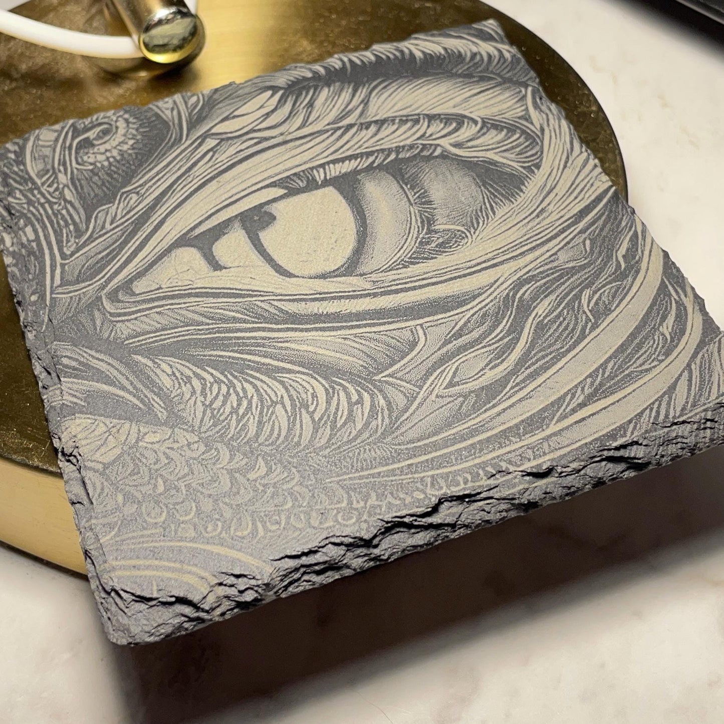 DRAGON EYE COASTER – Engraved 4x4 Slate with Non - Slip Feet – Gothic Fantasy Decor - Vanbrera Stones