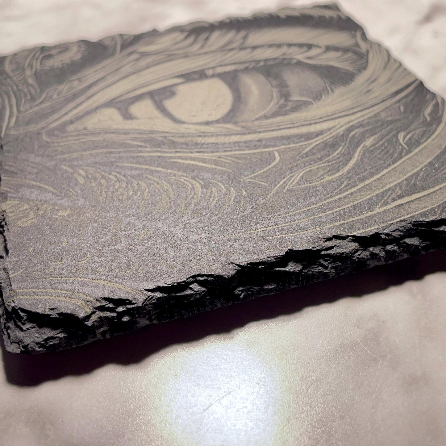 DRAGON EYE COASTER – Engraved 4x4 Slate with Non - Slip Feet – Gothic Fantasy Decor - Vanbrera Stones