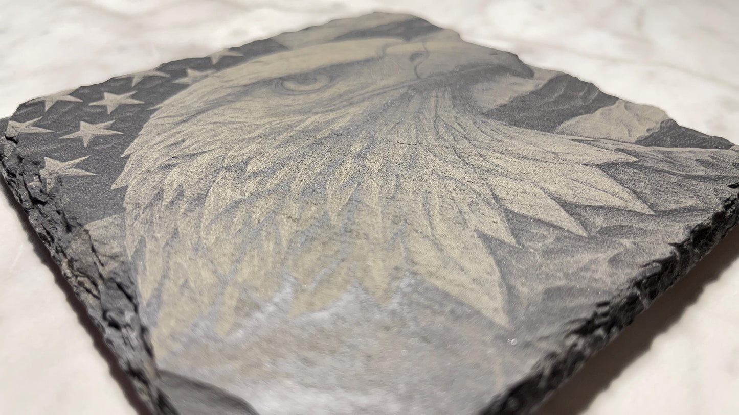 Patriotic Eagle Coaster – Laser Engraved Slate – 4x4 - Vanbrera Stones