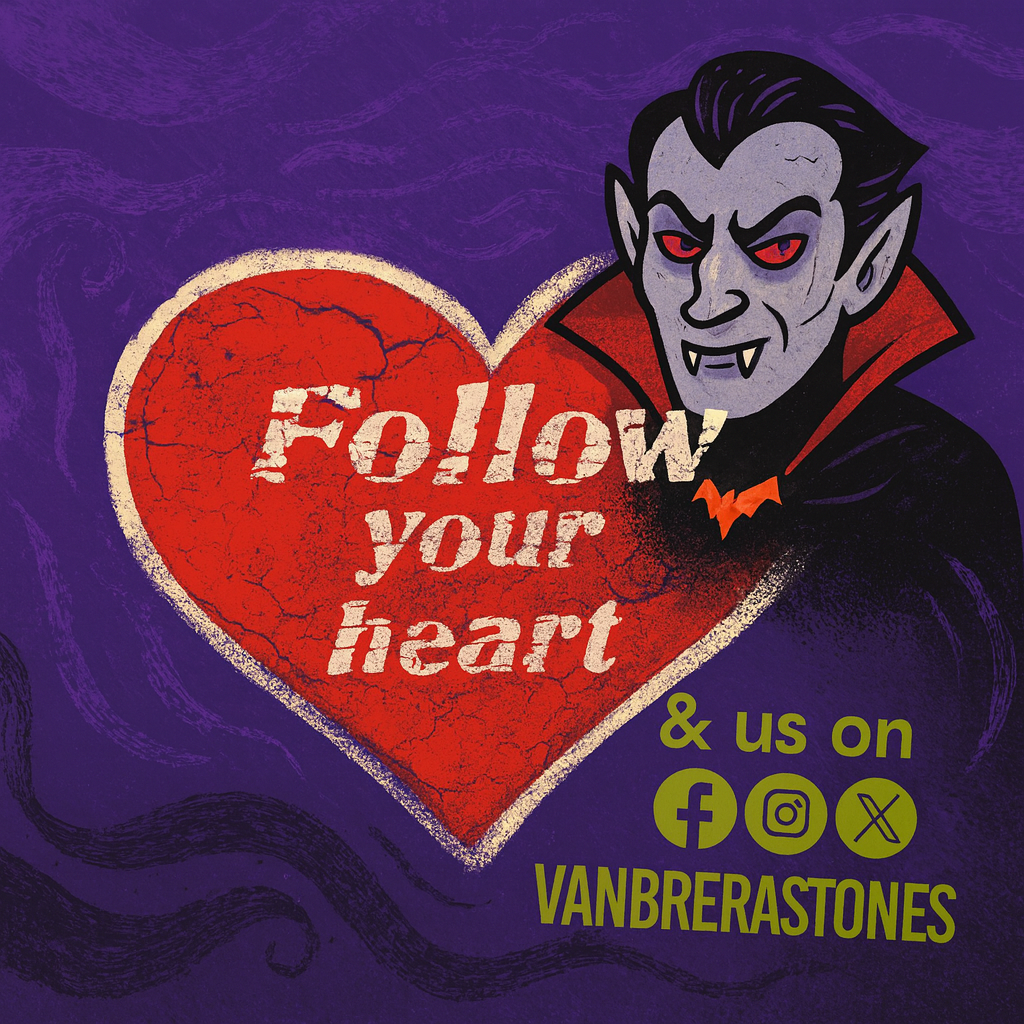 Vampire character with a heart-shaped sign and text on a purple background