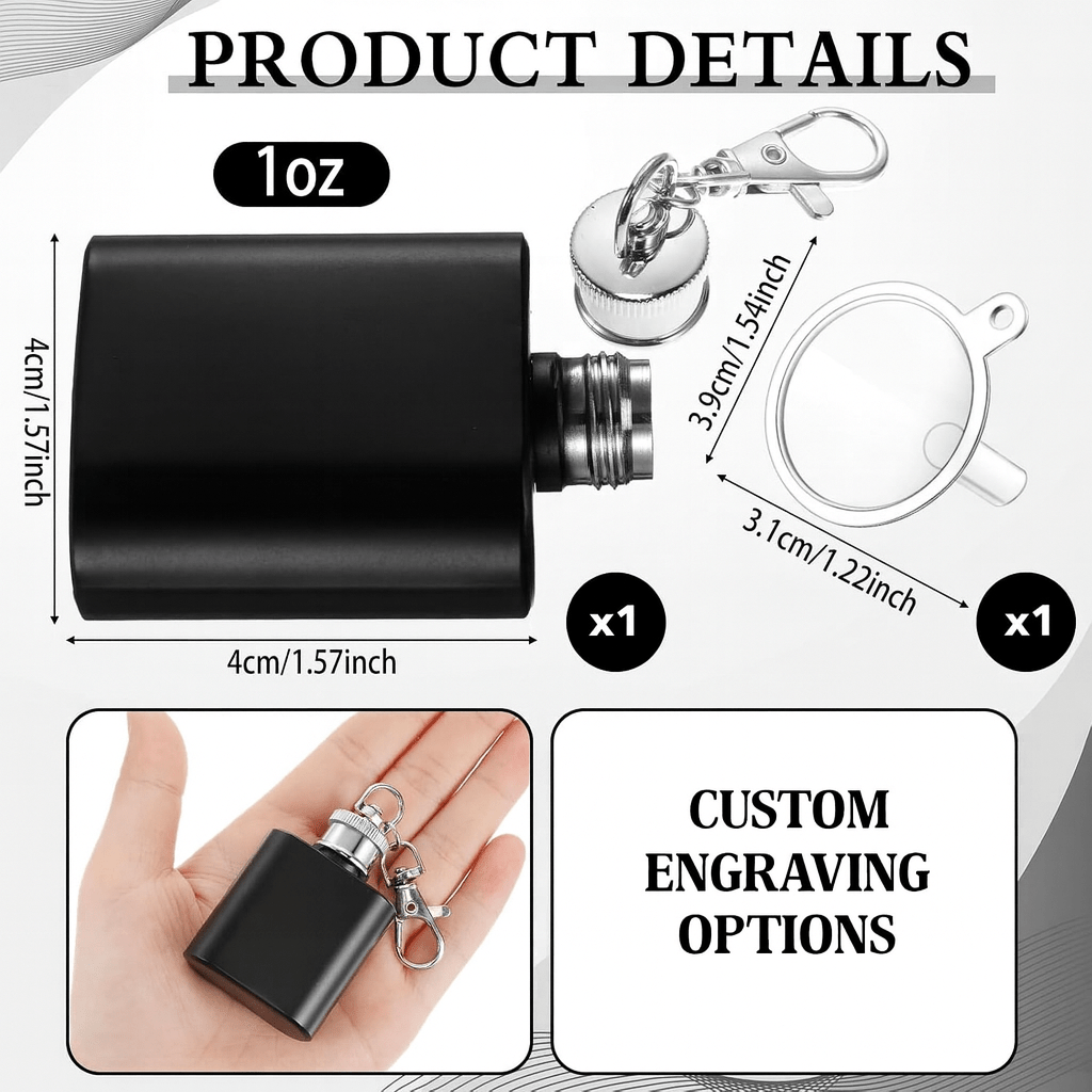 1oz Black Keychain Mini Flash | Stainless Steel | Pocket Hidden Flask for Liquor | Groomsmen Flask - Vanbrera Stones