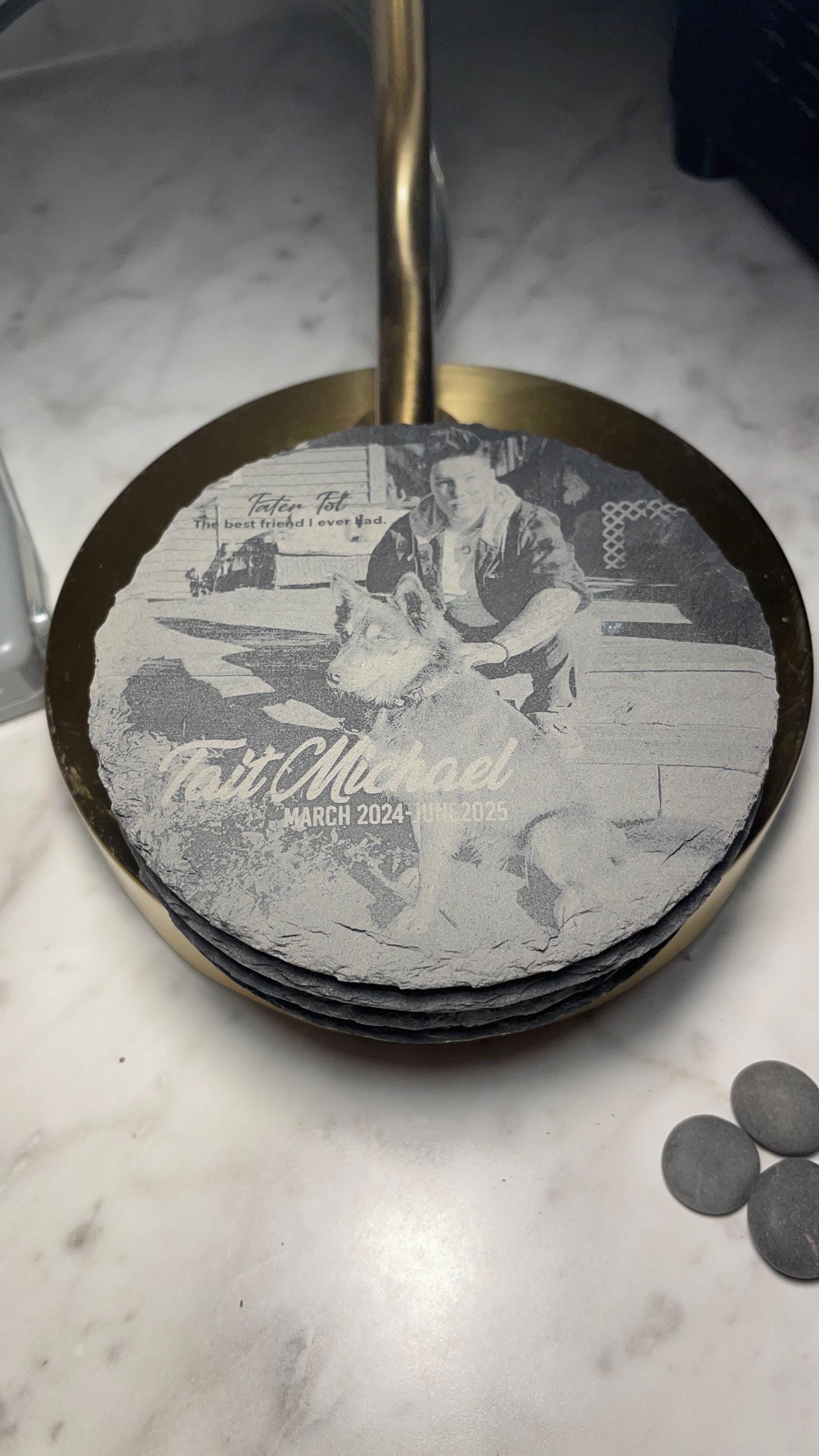 4" Laser Engraved Slate Drink Coasters: Elegant Home & Office Decor - Vanbrera Stones Square