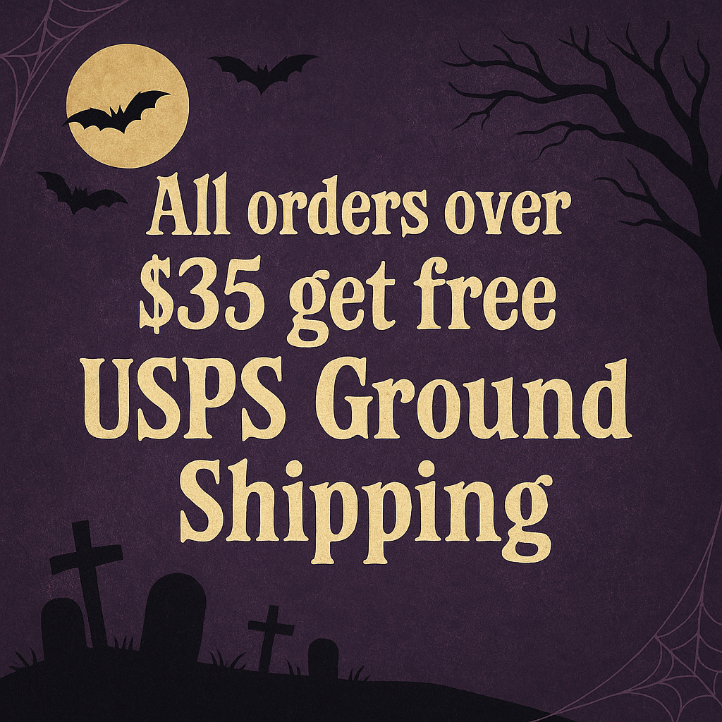 Halloween-themed promotional text for free shipping over $35 on a dark background with bats, moon, and tombstones.