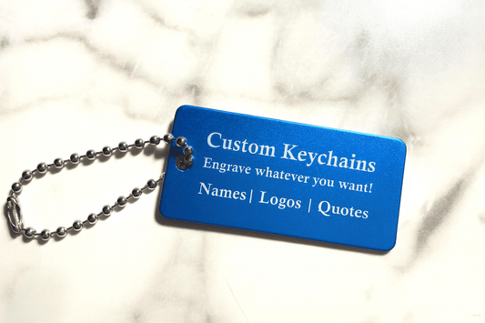 Blue 1x2" Custom Engraved QR Code Keychain: Anodized Aluminum Tag - Vanbrera Stones Single Sided Screw On Wire Cable