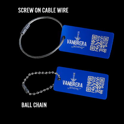 Blue 1x2" Custom Engraved QR Code Keychain: Anodized Aluminum Tag - Vanbrera Stones Single Sided Screw On Wire Cable