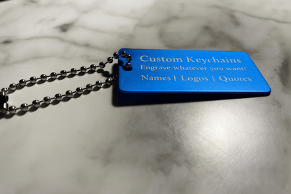 Blue 1x2" Custom Engraved QR Code Keychain: Anodized Aluminum Tag - Vanbrera Stones Single Sided Screw On Wire Cable