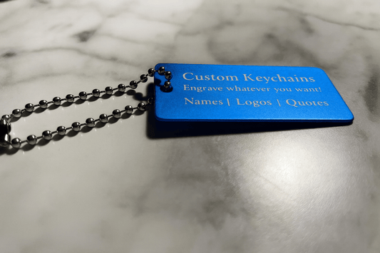 Blue 1x2" Custom Engraved QR Code Keychain: Anodized Aluminum Tag - Vanbrera Stones Single Sided Screw On Wire Cable