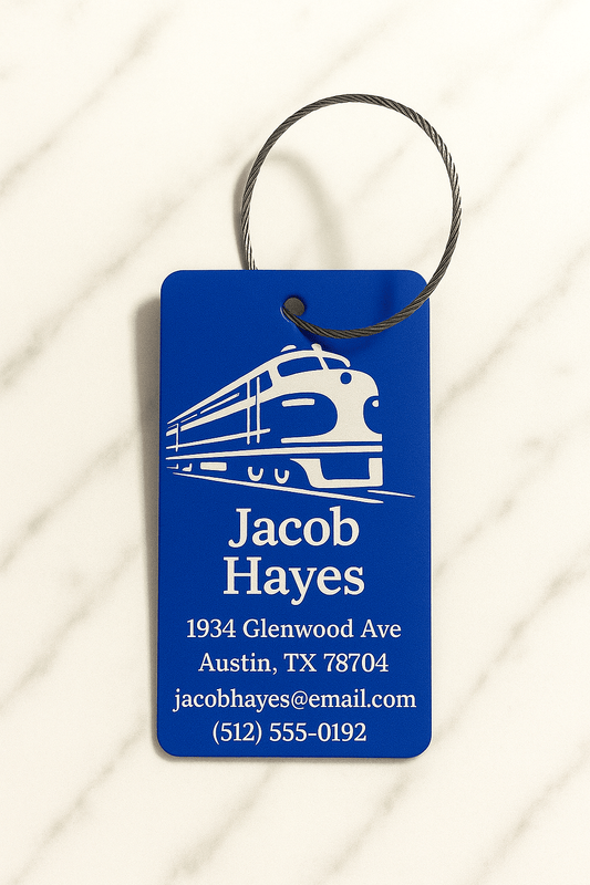 Blue Metal Engraved Luggage Tag | 2x3" | Variety of Chains - Vanbrera Stones Single Sided None