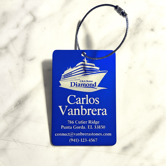 Blue Metal Engraved Luggage Tag | 2x3" | Variety of Chains - Vanbrera Stones Single Sided None