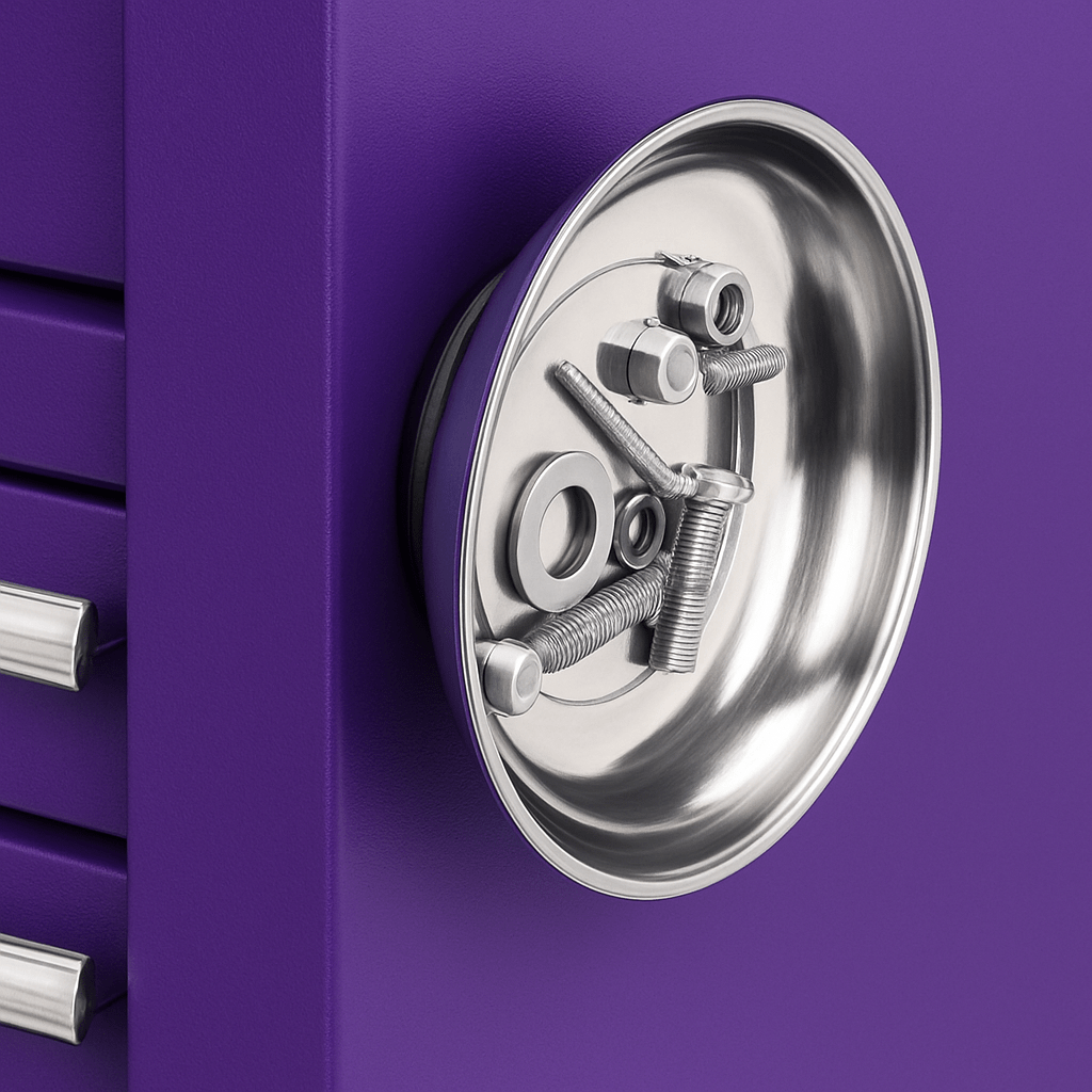 Custom Engraved 4" Magnetic Parts Tray – Works Upside Down, Stainless Steel, Rubber - Coated Magnet - Vanbrera Stones 