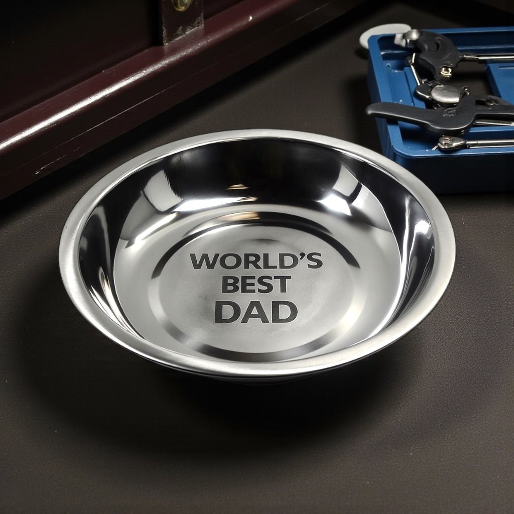 Custom Engraved 6" Magnetic Parts Tray – Works Upside Down, Stainless Steel, Rubber - Coated Magnet - Vanbrera Stones 