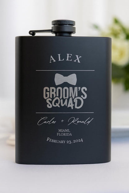 Custom Engraved Black Stainless Steel Flask Gift Set: 8oz Hip Flask - Vanbrera Stones Single Sided