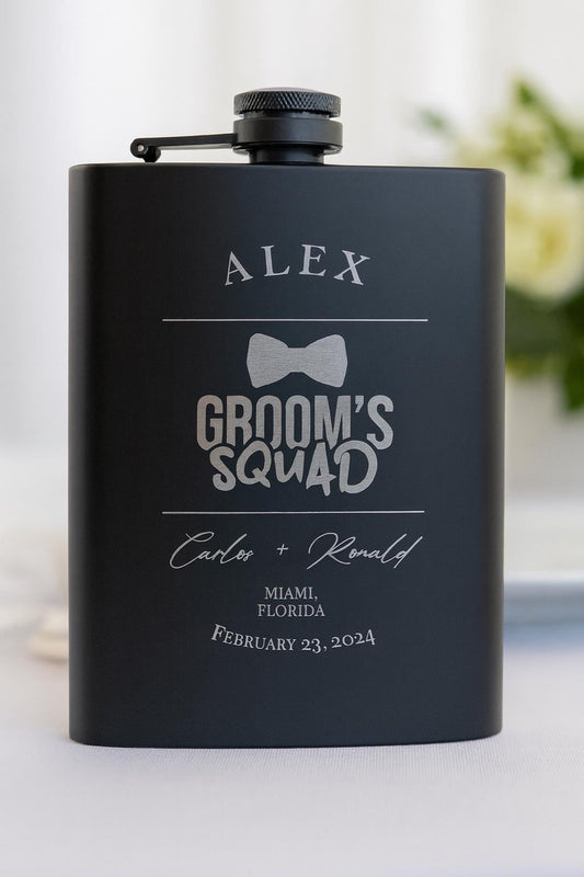 Custom Engraved Black Stainless Steel Flask Gift Set: 8oz Hip Flask - Vanbrera Stones Single Sided