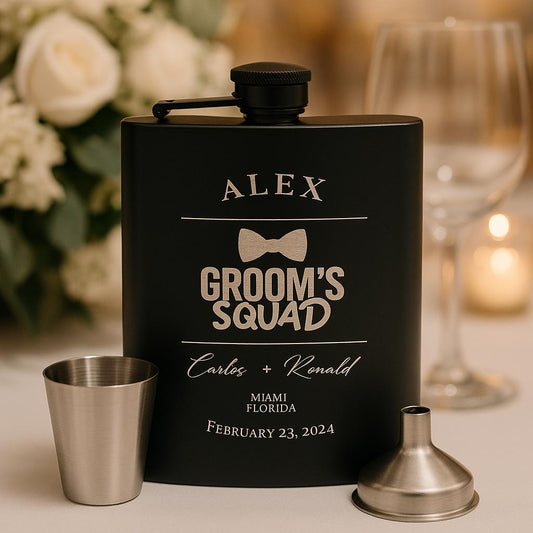 Custom Engraved Black Stainless Steel Flask Gift Set: 8oz Hip Flask - Vanbrera Stones Single Sided