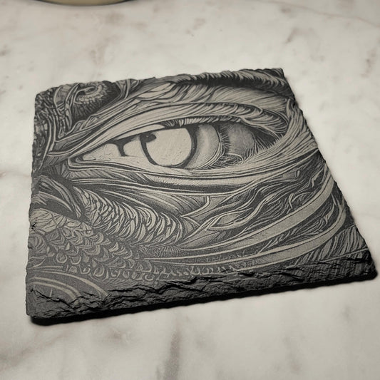 DRAGON EYE COASTER – Engraved 4x4 Slate with Non - Slip Feet – Gothic Fantasy Decor - Vanbrera Stones