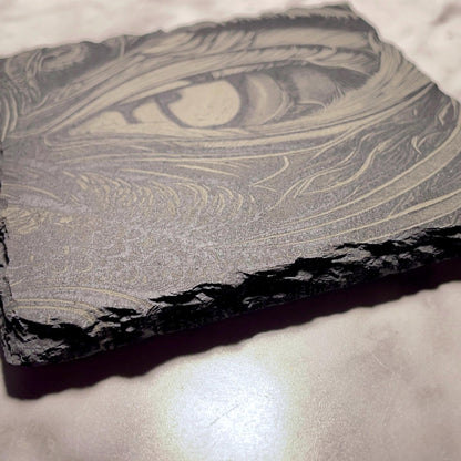 DRAGON EYE COASTER – Engraved 4x4 Slate with Non - Slip Feet – Gothic Fantasy Decor - Vanbrera Stones