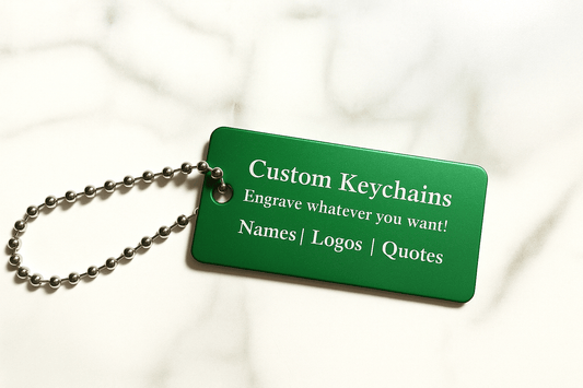 Green 1x2" Custom Engraved QR Code Keychain: Anodized Aluminum Tag - Vanbrera Stones Single Sided Screw On Wire Cable