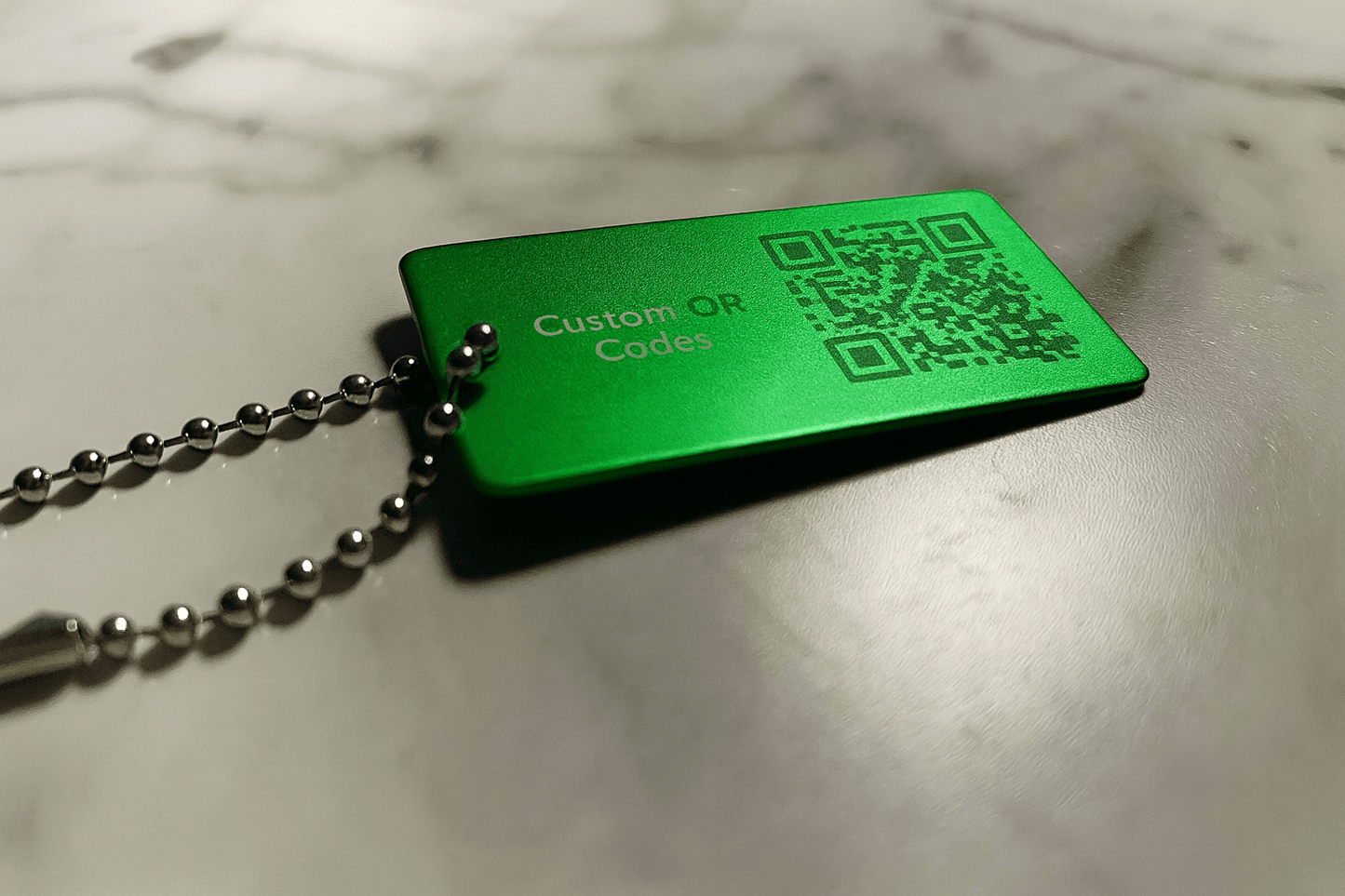 Green 1x2" Custom Engraved QR Code Keychain: Anodized Aluminum Tag - Vanbrera Stones Single Sided Screw On Wire Cable