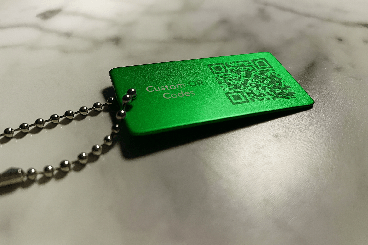 Green 1x2" Custom Engraved QR Code Keychain: Anodized Aluminum Tag - Vanbrera Stones Single Sided Screw On Wire Cable