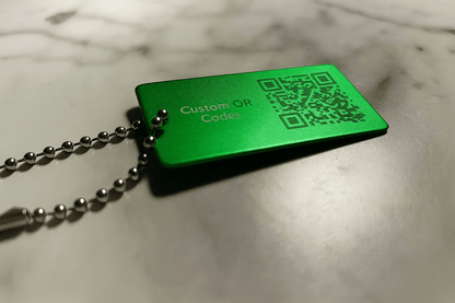 Green 1x2" Custom Engraved QR Code Keychain: Anodized Aluminum Tag - Vanbrera Stones Single Sided Screw On Wire Cable