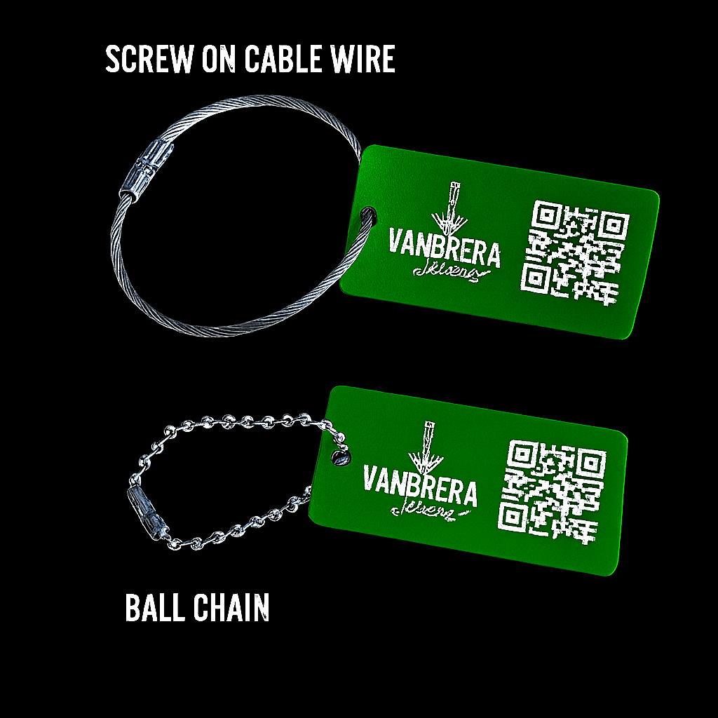 Green 1x2" Custom Engraved QR Code Keychain: Anodized Aluminum Tag - Vanbrera Stones Single Sided Screw On Wire Cable