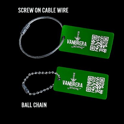 Green 1x2" Custom Engraved QR Code Keychain: Anodized Aluminum Tag - Vanbrera Stones Single Sided Screw On Wire Cable