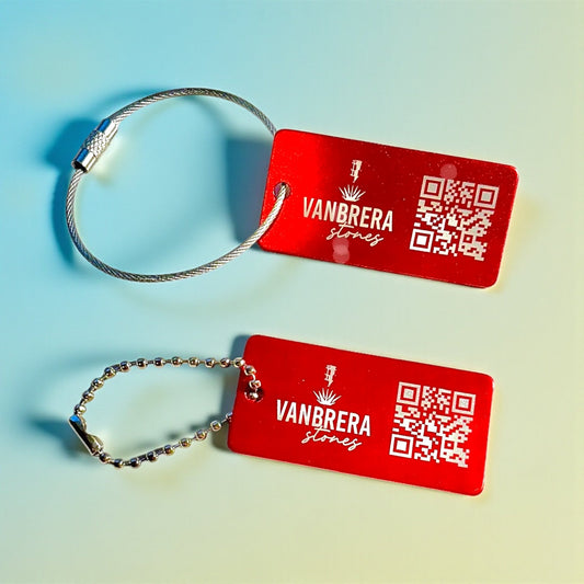 RED 1x2" Custom Engraved QR Code Keychain: Anodized Aluminum Tag - Vanbrera Stones Single Sided Screw On Wire Cable