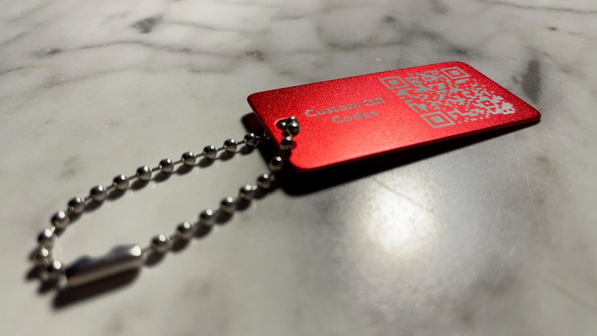 RED Custom Engraved QR Code Keychain: Anodized Aluminum Tag - Vanbrera Stones Single Sided Screw On Wire Cable