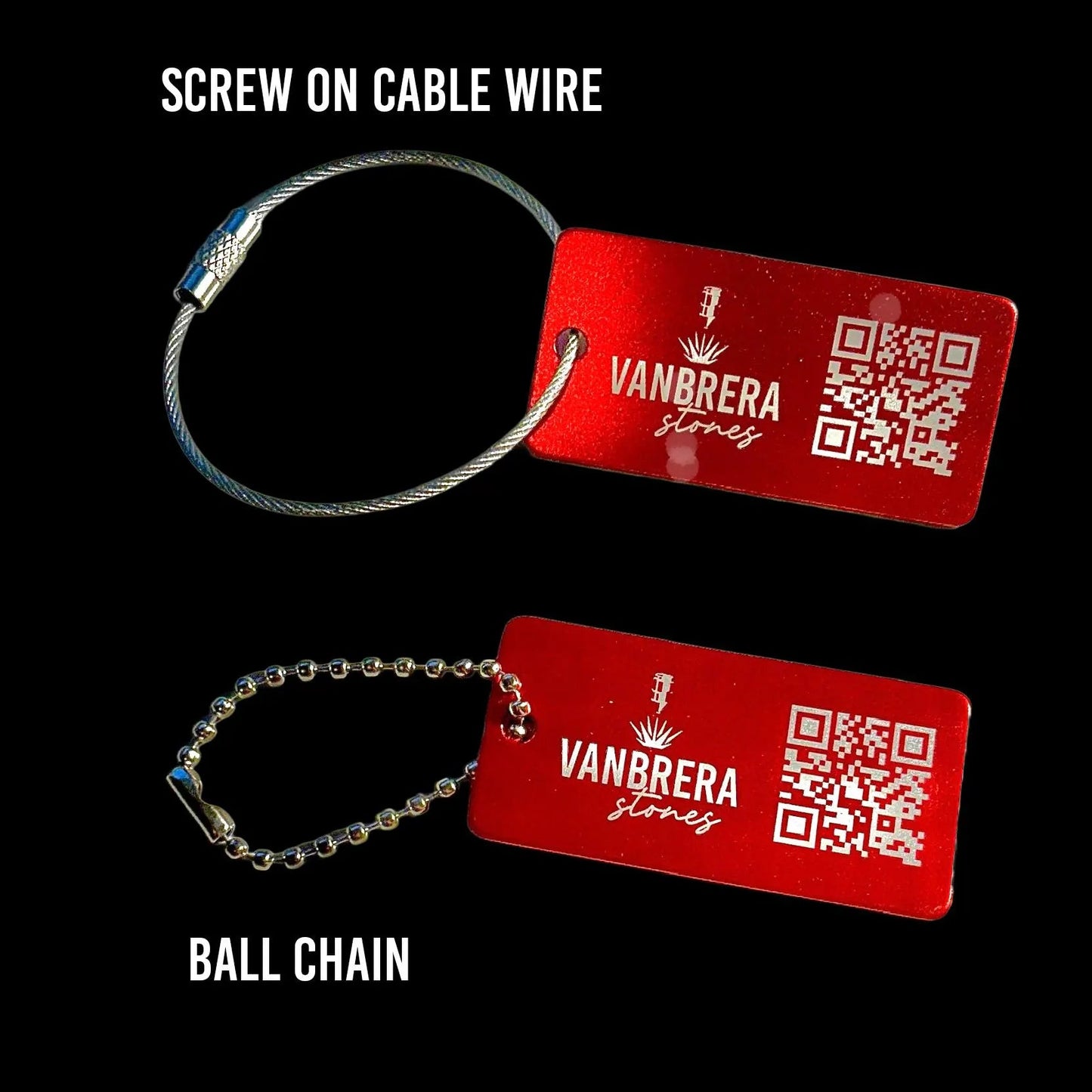 RED Custom Engraved QR Code Keychain: Anodized Aluminum Tag - Vanbrera Stones Single Sided Screw On Wire Cable