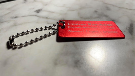 RED Custom Engraved QR Code Keychain: Anodized Aluminum Tag - Vanbrera Stones Single Sided Screw On Wire Cable