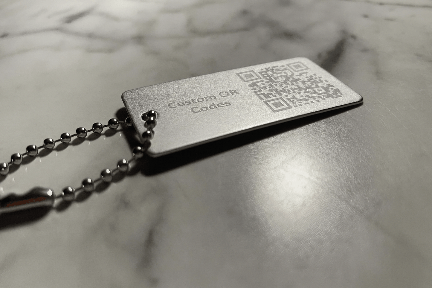Silver 1x2" Custom Engraved QR Code Keychain: Anodized Aluminum Tag - Vanbrera Stones Single Sided Screw On Wire Cable