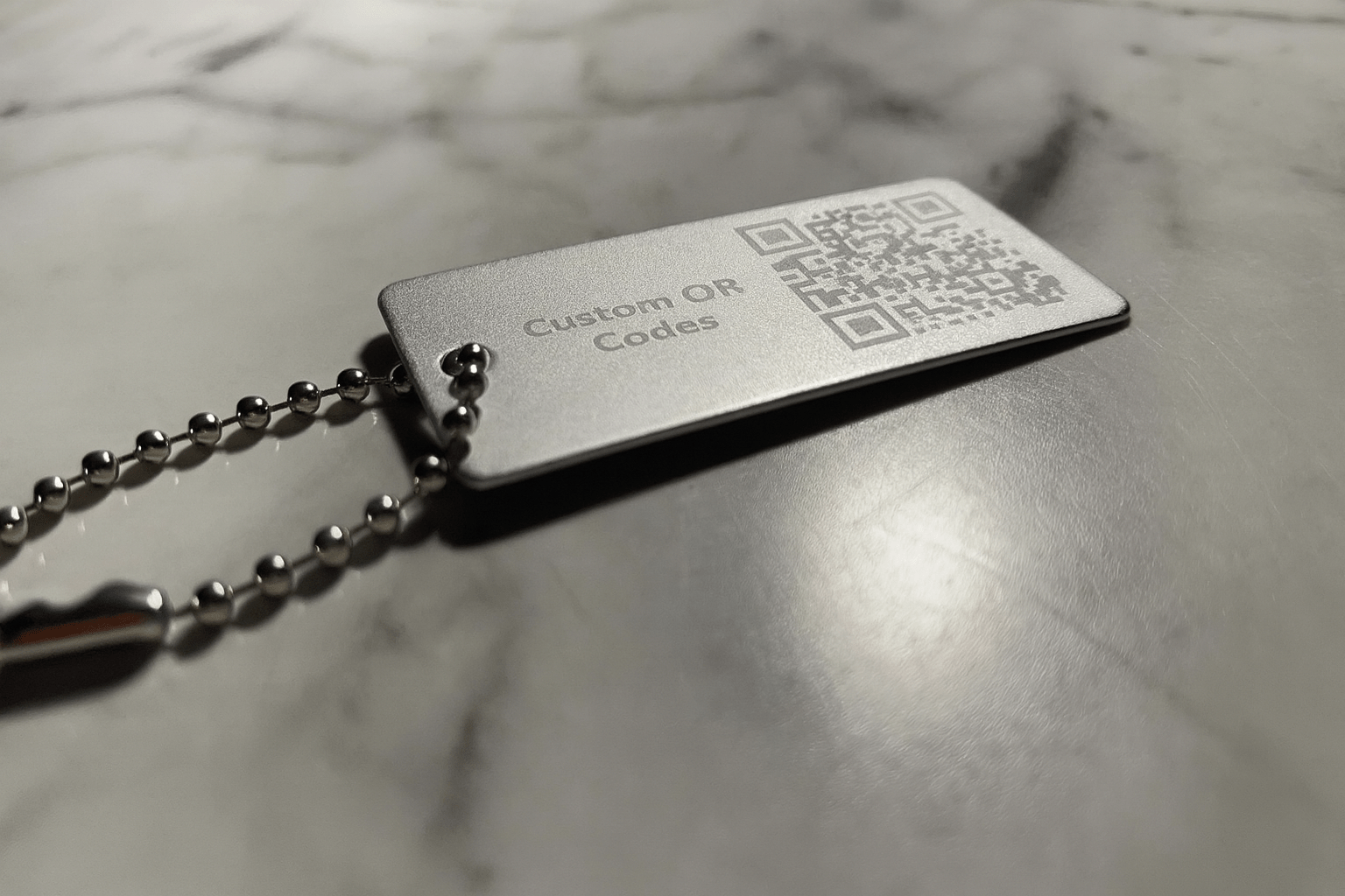 Silver 1x2" Custom Engraved QR Code Keychain: Anodized Aluminum Tag - Vanbrera Stones Single Sided Screw On Wire Cable
