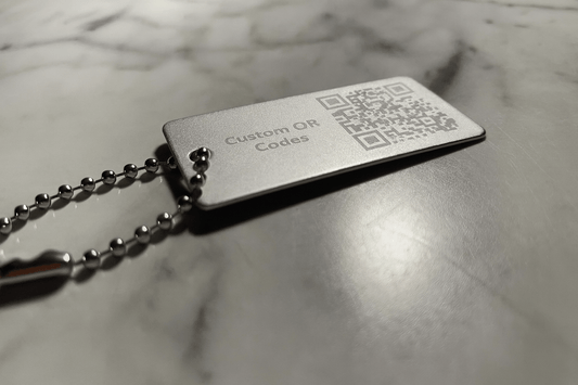 Silver 1x2" Custom Engraved QR Code Keychain: Anodized Aluminum Tag - Vanbrera Stones Single Sided Screw On Wire Cable