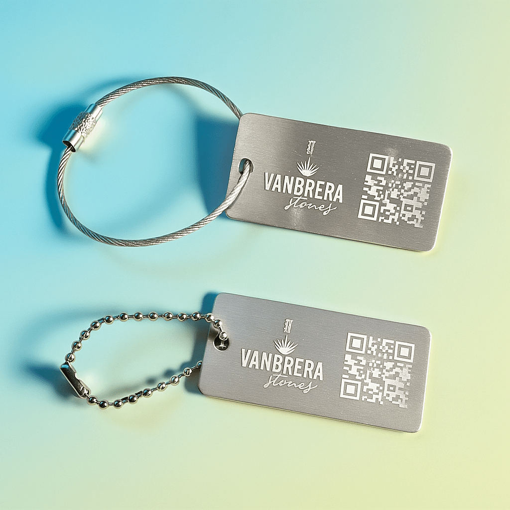 Silver 1x2" Custom Engraved QR Code Keychain: Anodized Aluminum Tag - Vanbrera Stones Single Sided Screw On Wire Cable
