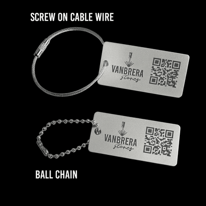 Silver 1x2" Custom Engraved QR Code Keychain: Anodized Aluminum Tag - Vanbrera Stones Single Sided Screw On Wire Cable