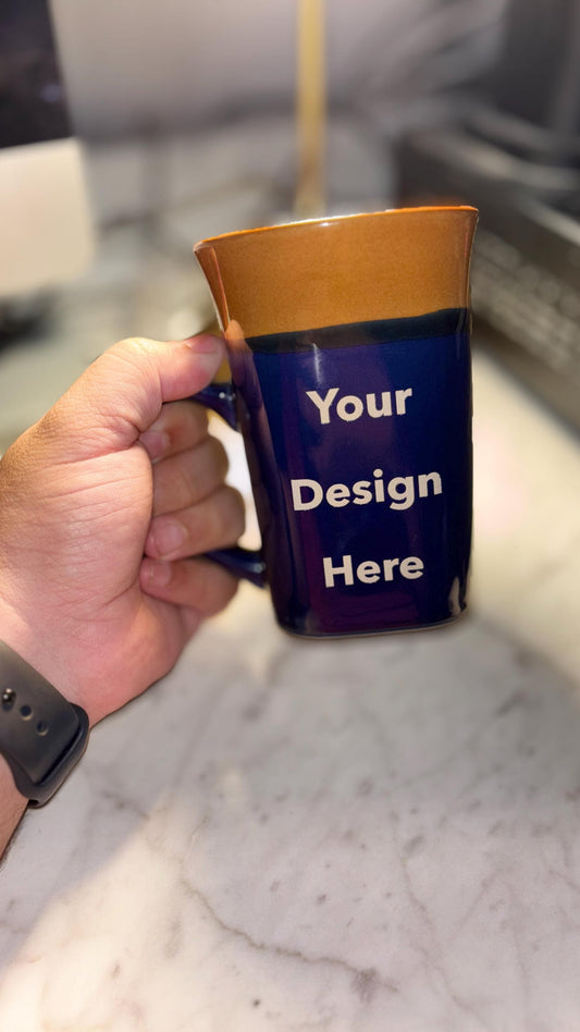 Square Base Ceramic Coffee Mug Custom Engraved – Blue and Brown, Dishwasher Safe, Microwave Safe - Vanbrera Stones Handling