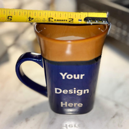 Square Base Ceramic Coffee Mug Custom Engraved – Blue and Brown, Dishwasher Safe, Microwave Safe - Vanbrera Stones Handling