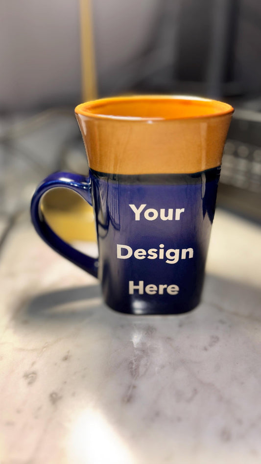 Square Base Ceramic Coffee Mug Custom Engraved – Blue and Brown, Dishwasher Safe, Microwave Safe - Vanbrera Stones Handling
