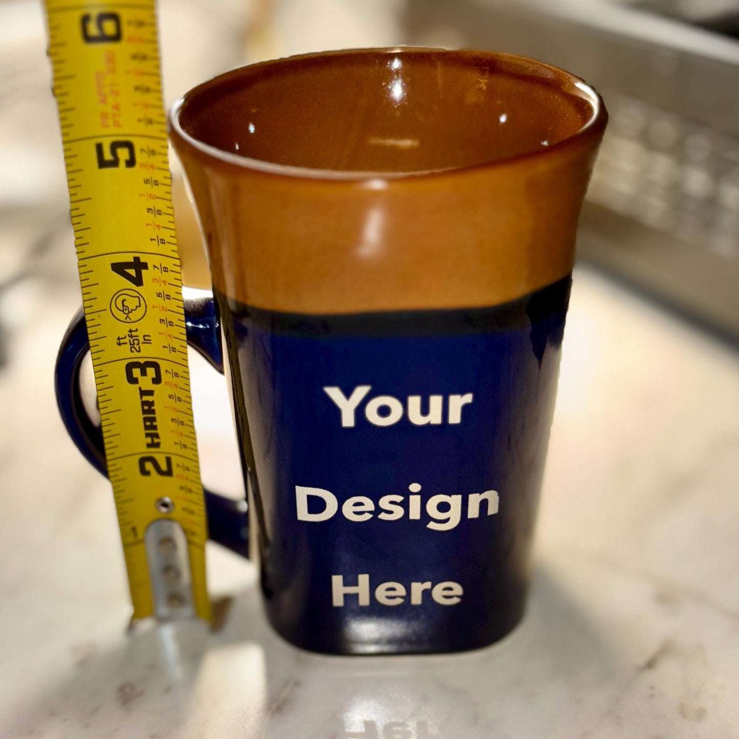 Square Base Ceramic Coffee Mug Custom Engraved – Blue and Brown, Dishwasher Safe, Microwave Safe - Vanbrera Stones Handling