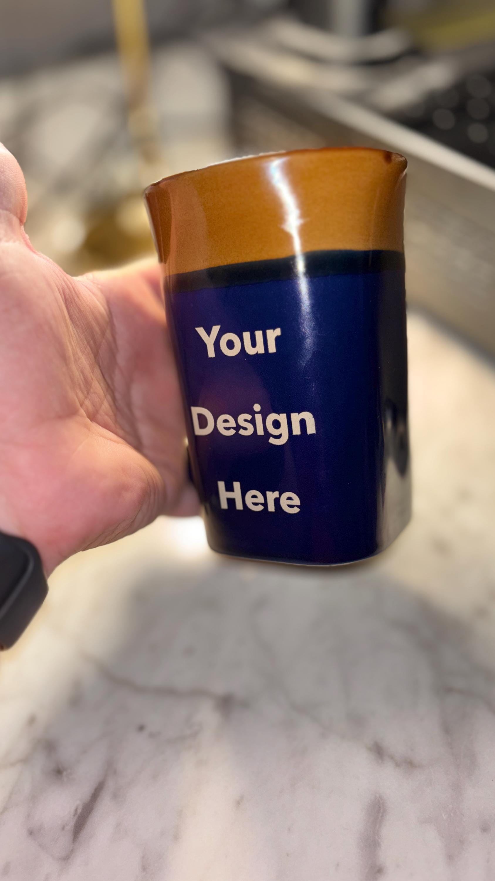 Square Base Ceramic Coffee Mug Custom Engraved – Blue and Brown, Dishwasher Safe, Microwave Safe - Vanbrera Stones Handling