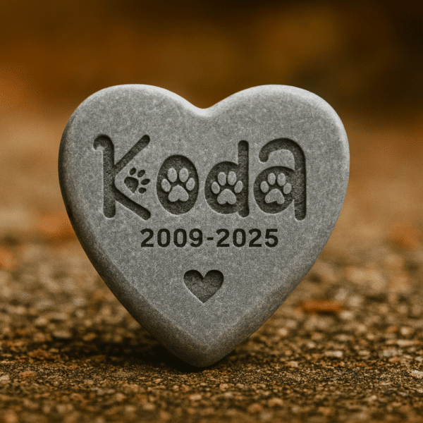 Heart pet memorial stone engraved with pet name and dates