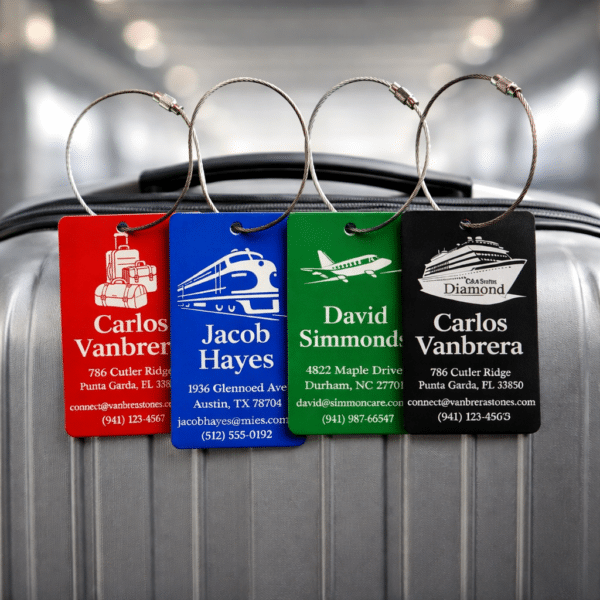 Custom engraved metal luggage tags attached to suitcase