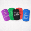 Five Engraved Dog Tags with Optional Chain are shown on a white background, featuring messages like “No Excuses,” “Do Your Best,” “WORLDS BEST DAD,” and designs with leaves and flowers.